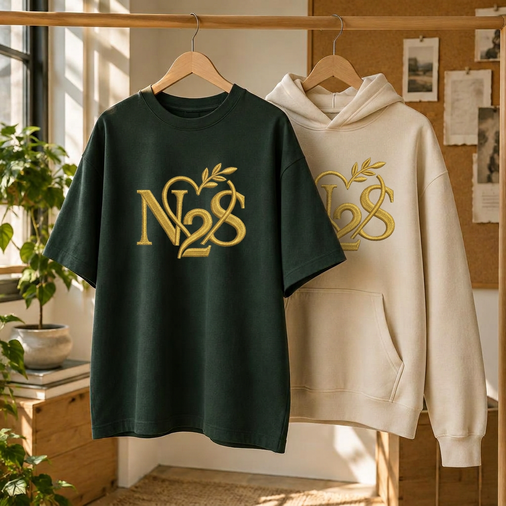 Forest green shirt and ivory hoodie with gold embroidered N2S logos in a warm studio